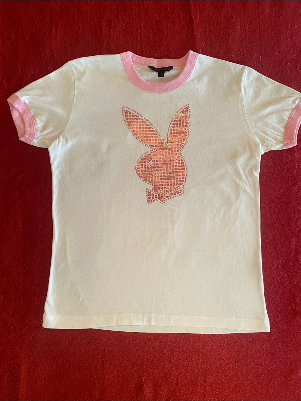 VTG Playboy Playmate Women's T-Shirt Size L/XL Fits M Pink Sequence Bunny Y2K